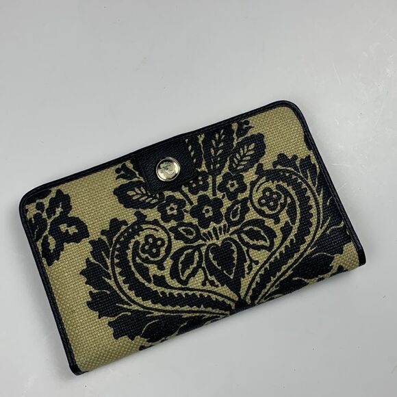 Spartina Daufuskie Island Black Leather & Tan Linen Clutch Wallet - Picture 2 of 8